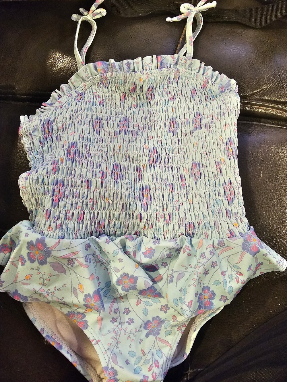 Rufflebutt Toddler Girls' Floral Light Blue Ruffled One-Piece Swimsuit. Like New - Picture 2 of 4